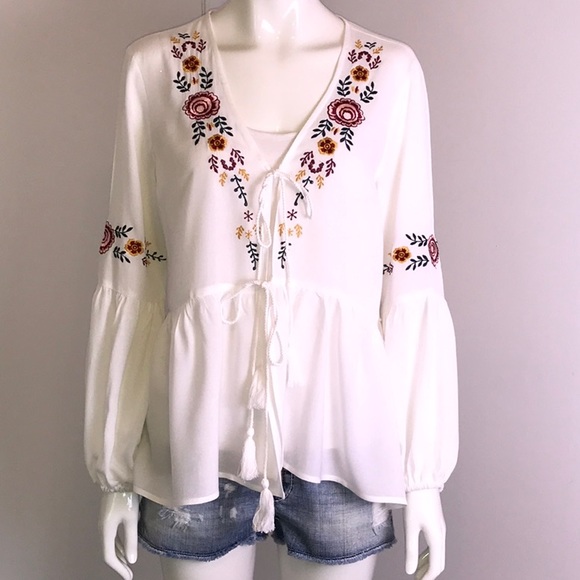 White Boho Embroidered Tie Front Blouse - Picture 7 of 8